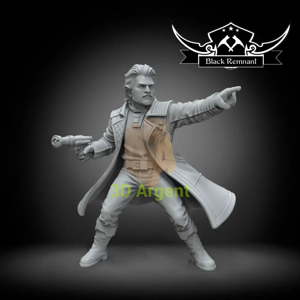 Hawks, an unpainted Black Remnant resin miniature render of a bearded human figure in a coat holding a blaster pistol