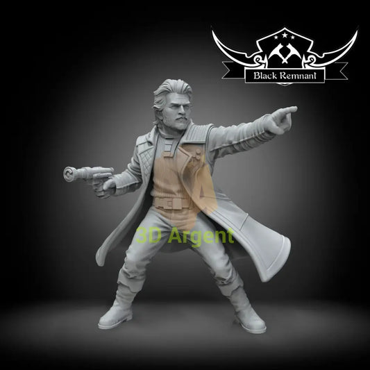 Hawks, an unpainted Black Remnant resin miniature render of a bearded human figure in a coat holding a blaster pistol
