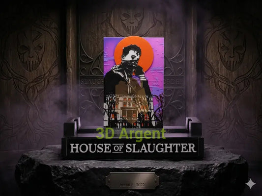 House of Slaughter comic display stand with printed backdrop panel and House of Slaughter wordmark base