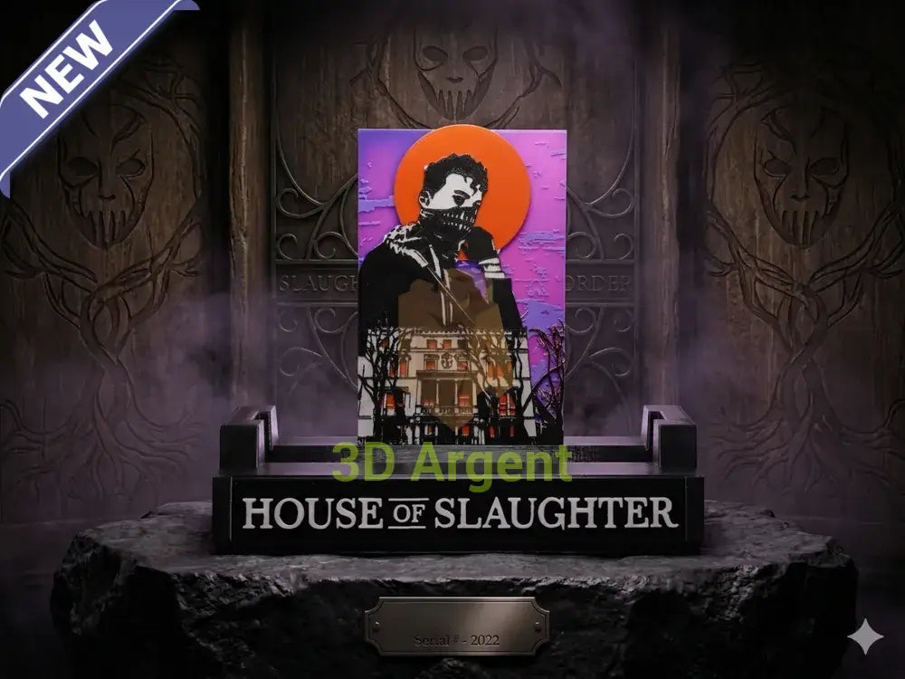 House of Slaughter comic display stand with printed backdrop panel and House of Slaughter wordmark base