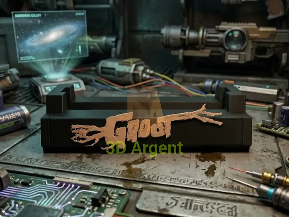 I Am Groot comic display stand, black base with a sculpted tan Groot wordmark and branch flourish