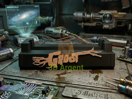I Am Groot comic display stand, black base with a sculpted tan Groot wordmark and branch flourish