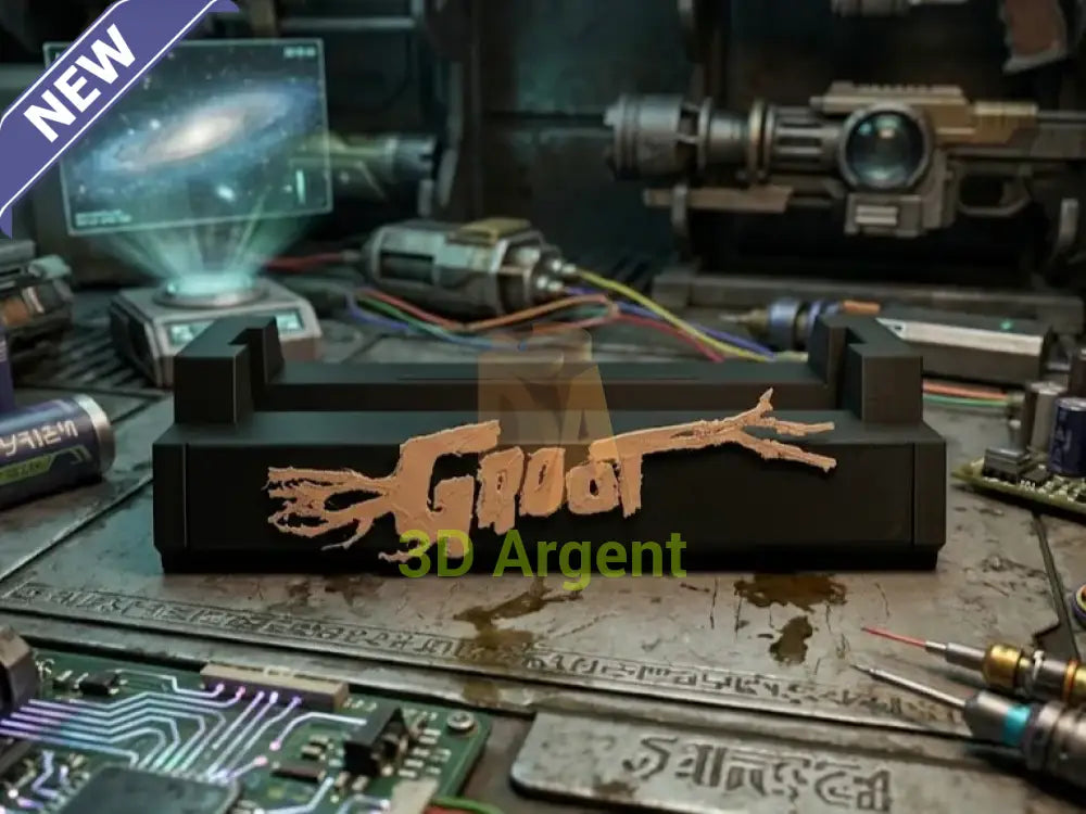 I Am Groot comic display stand, black base with a sculpted tan Groot wordmark and branch flourish