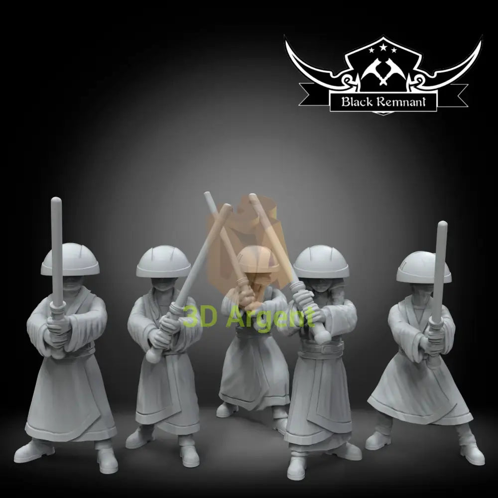 Jedi Younglings Black Remnant resin miniature squad, five figures with alternate helmeted heads holding two-handed weapons