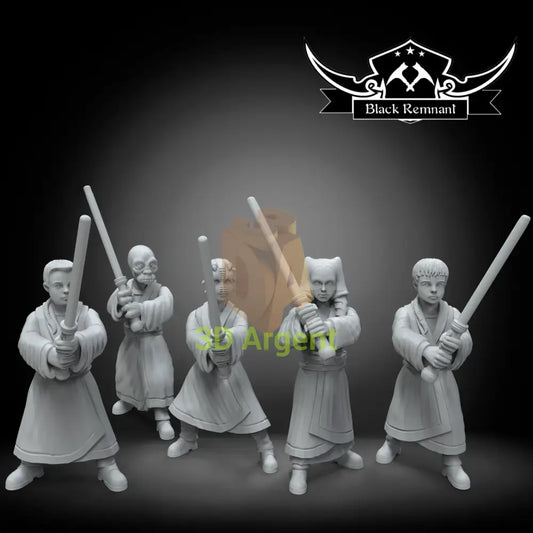 Jedi Younglings Black Remnant resin miniature squad, five unmasked figures in robes holding two-handed weapons