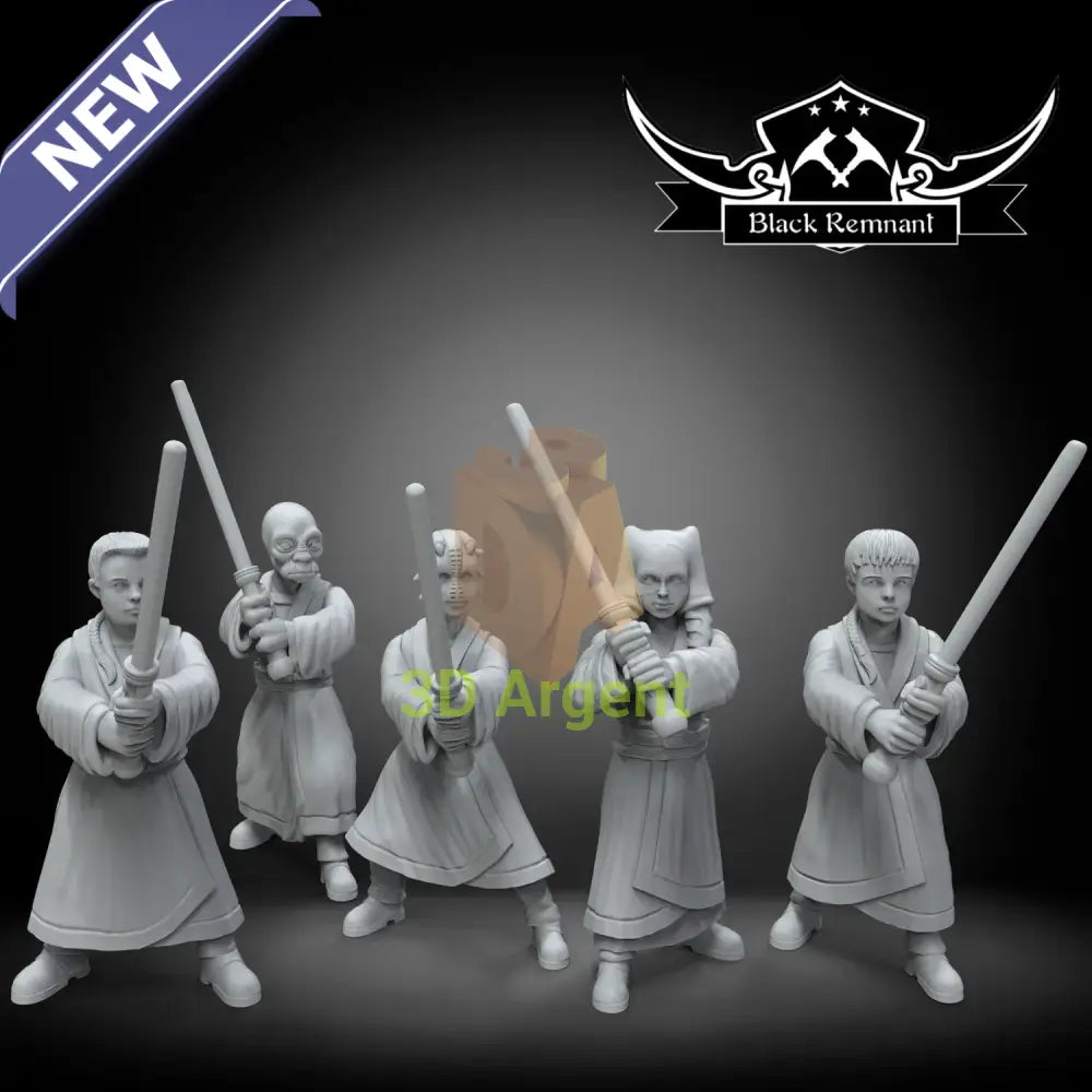 Jedi Younglings Black Remnant resin miniature squad, five unmasked figures in robes holding two-handed weapons