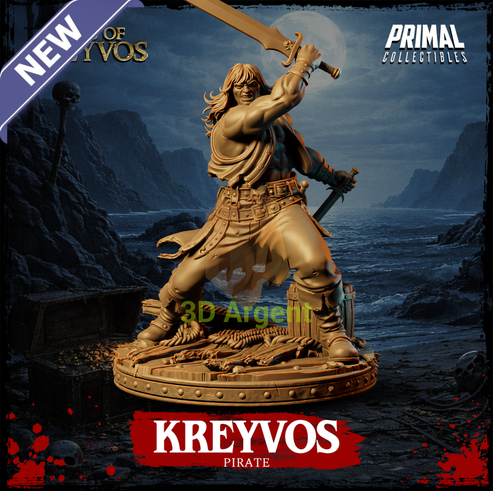 Kreyvos the Pirate resin miniature — front view, dual-wielding sword and dagger on a wooden dock base