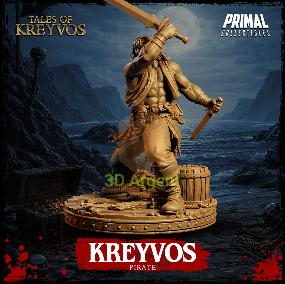 Kreyvos the Pirate resin miniature — three-quarter view showing belt pouch and barrel