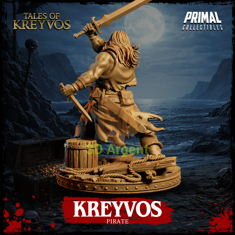 Kreyvos the Pirate resin miniature — rear view showing satchel and dagger grip