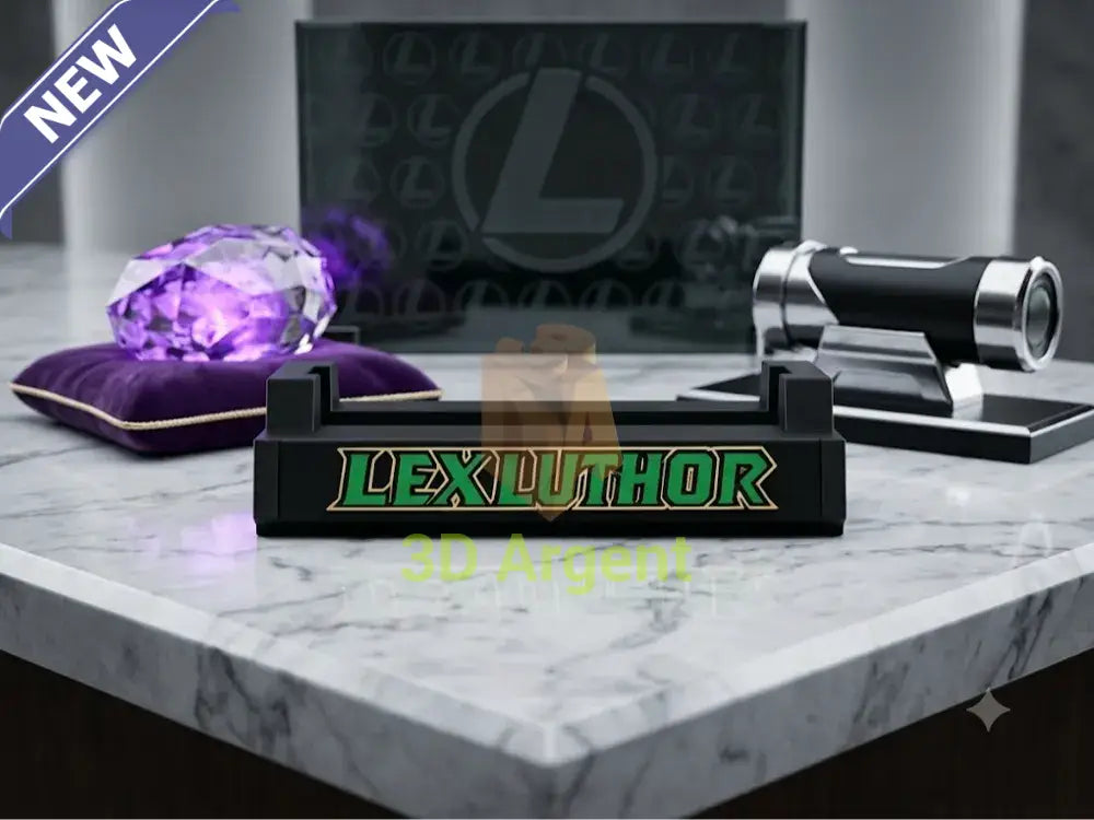 Lex Luthor branded comic slab display stand, black base with green and gold Lex Luthor wordmark, rendered product shot