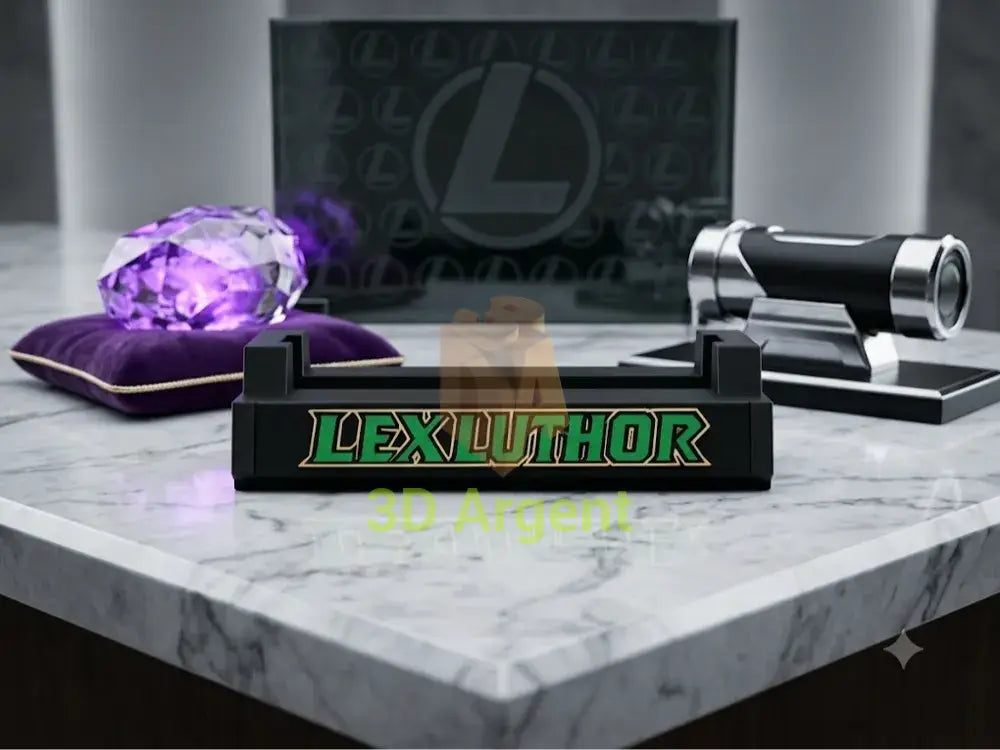 Lex Luthor branded comic slab display stand, black base with green and gold Lex Luthor wordmark, rendered product shot