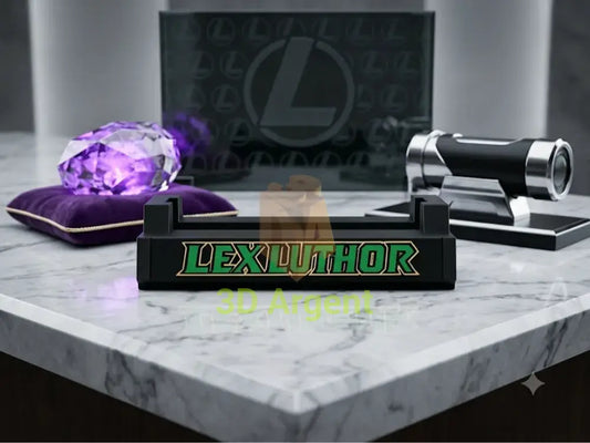 Lex Luthor branded comic slab display stand, black base with green and gold Lex Luthor wordmark, rendered product shot