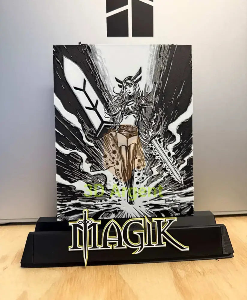 Front view of the Magik comic display stand showing the detailed illustration panel and sword-motif wordmark