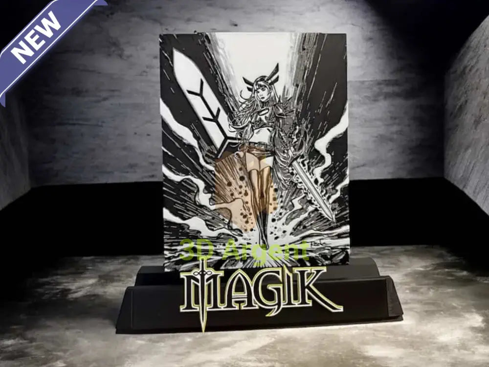 Magik comic display stand with detailed monochrome illustration panel and MAGIK wordmark base