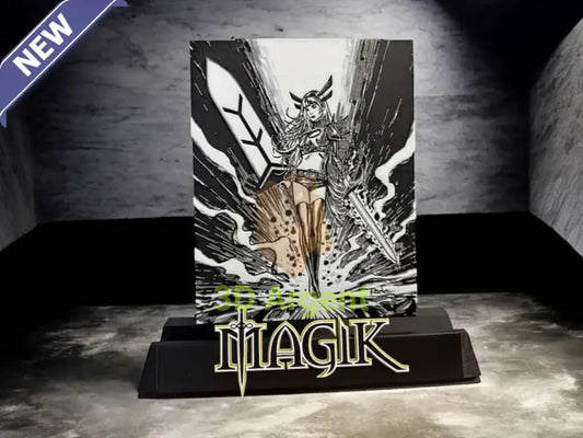 Magik comic display stand with detailed monochrome illustration panel and MAGIK wordmark base