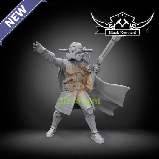 Black Remnant render of the masked Marchion Ro miniature carrying a long rifle and wearing a cloak