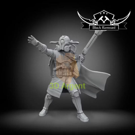 Black Remnant render of the masked Marchion Ro miniature carrying a long rifle and wearing a cloak