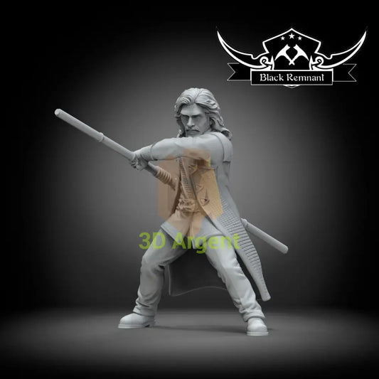 Marcus Cole, an unpainted Black Remnant resin miniature render of a human figure wielding a two-piece fighting pike