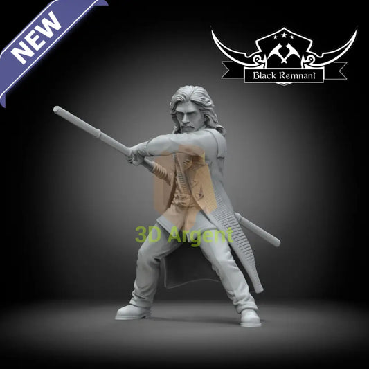 Marcus Cole, an unpainted Black Remnant resin miniature render of a human figure wielding a two-piece fighting pike
