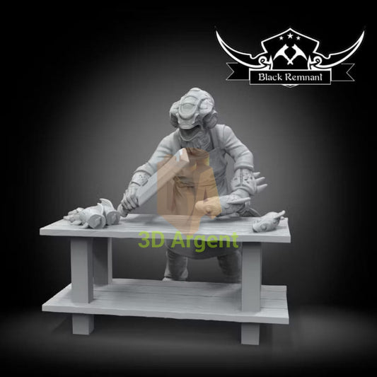 Black Remnant render of a Mon Calamari fish merchant behind a market counter with fish accessories