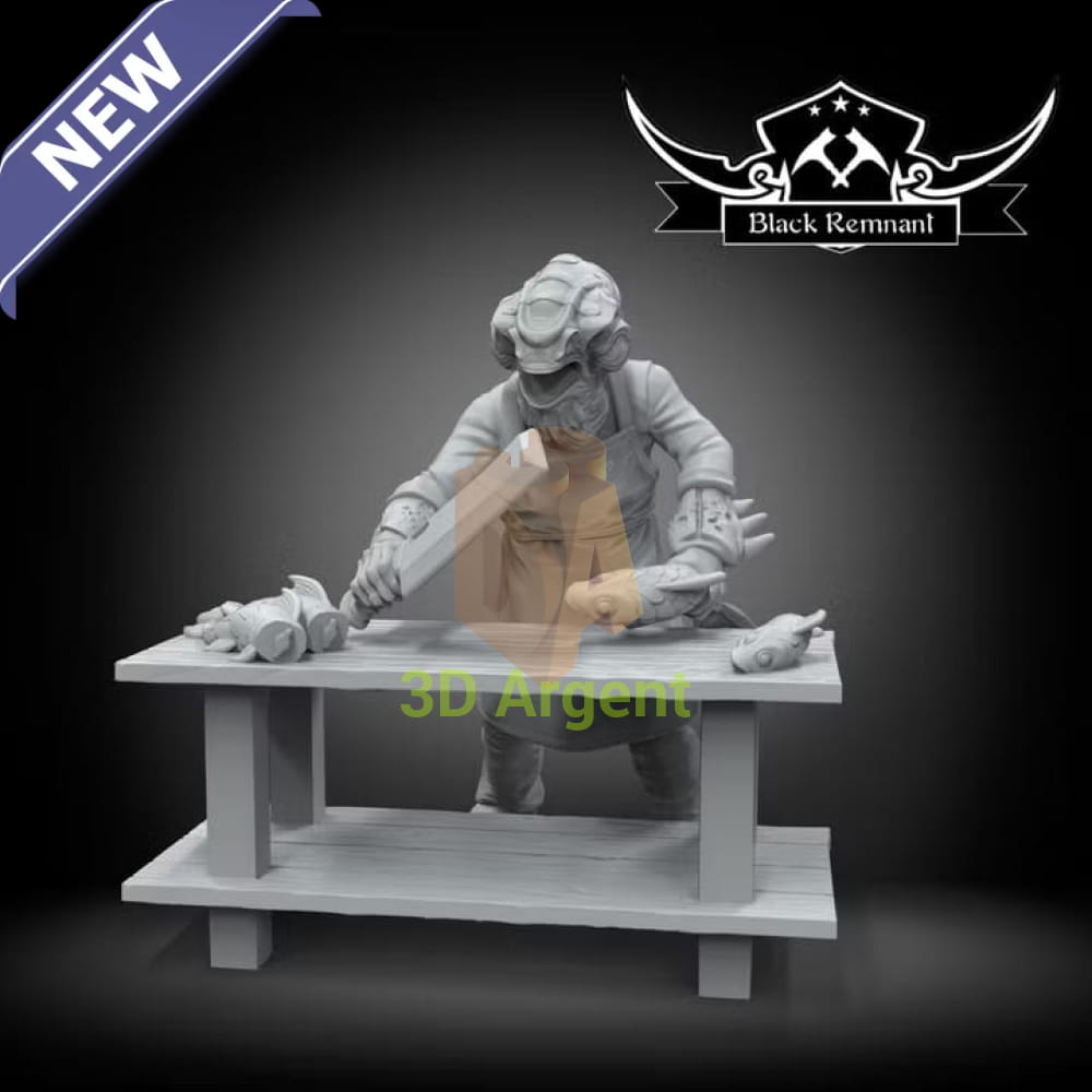 Black Remnant render of a Mon Calamari fish merchant behind a market counter with fish accessories