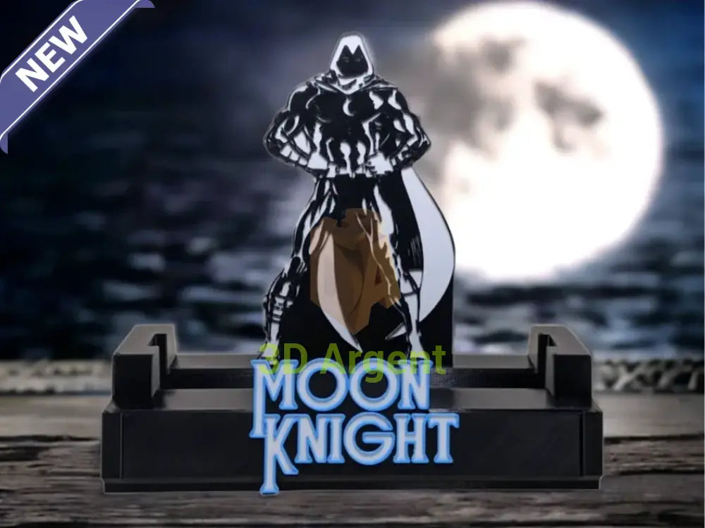 Moon Knight comic display stand with detailed black and white figure and MOON KNIGHT wordmark base