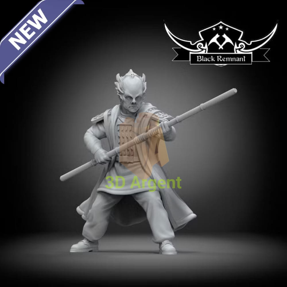 Black Remnant render of the Neroon Minbari warrior miniature holding a fighting staff