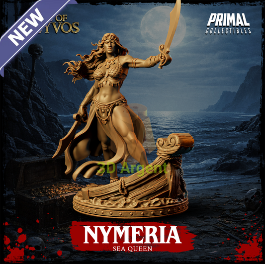 Nymeria the Sea Queen resin miniature — front view, dual-wielding blades atop a carved ship's prow