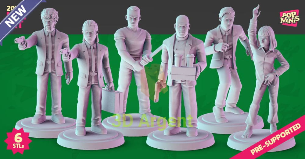 Pop Minis 2026 May Set — unofficial Pulp Fiction fan-art resin miniatures, six characters, pre-supported