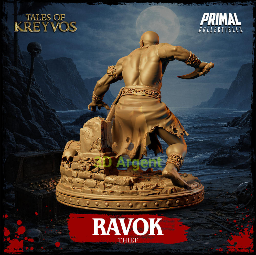 Ravok the Thief resin miniature — rear view showing sheathed sword and base plinth