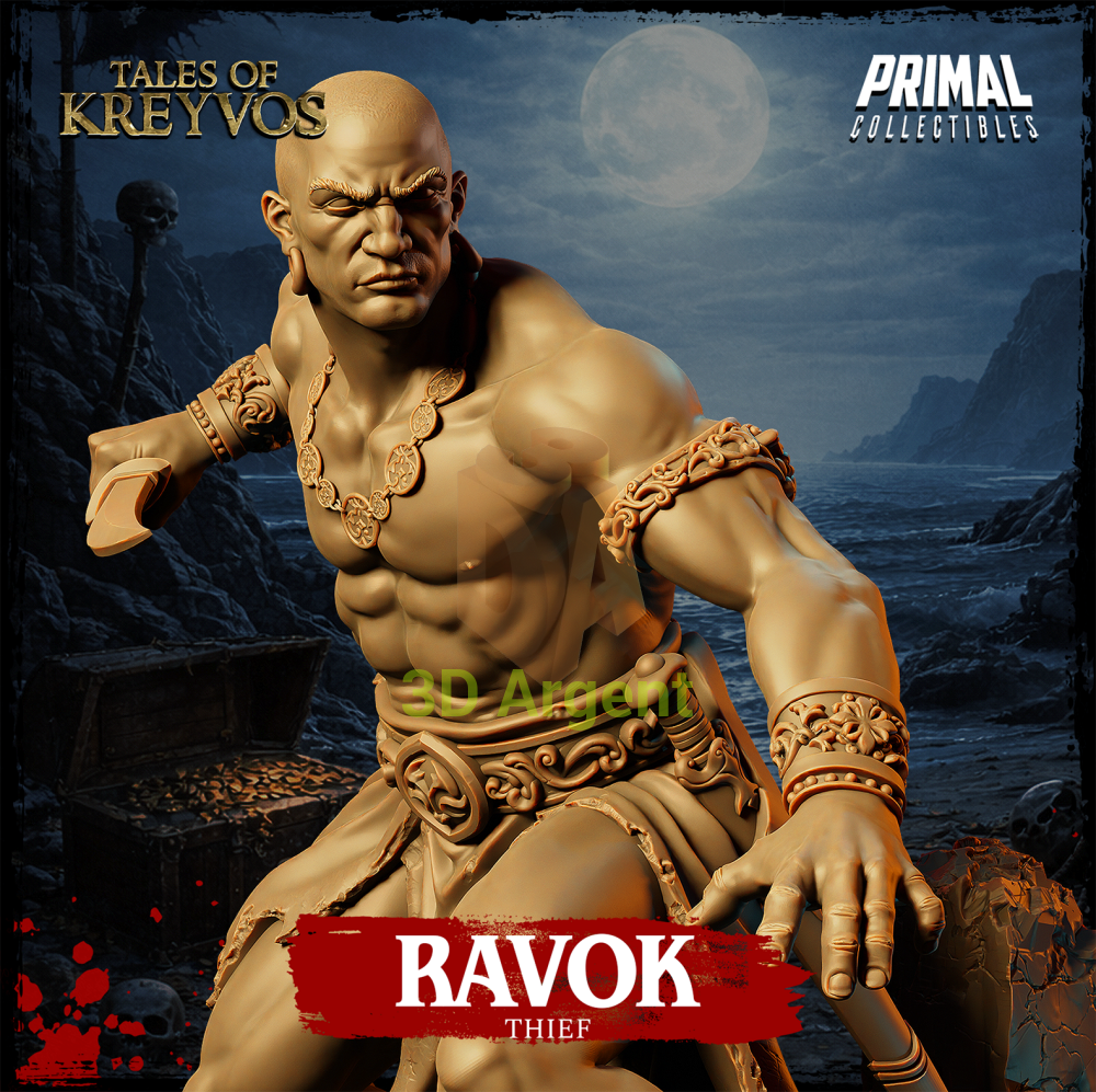 Ravok the Thief resin miniature — close-up hero shot showing bald head, coin necklace, and carved arm bands