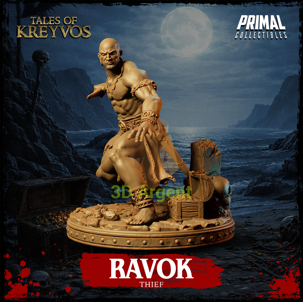 Ravok the Thief resin miniature — side view showing pose and base