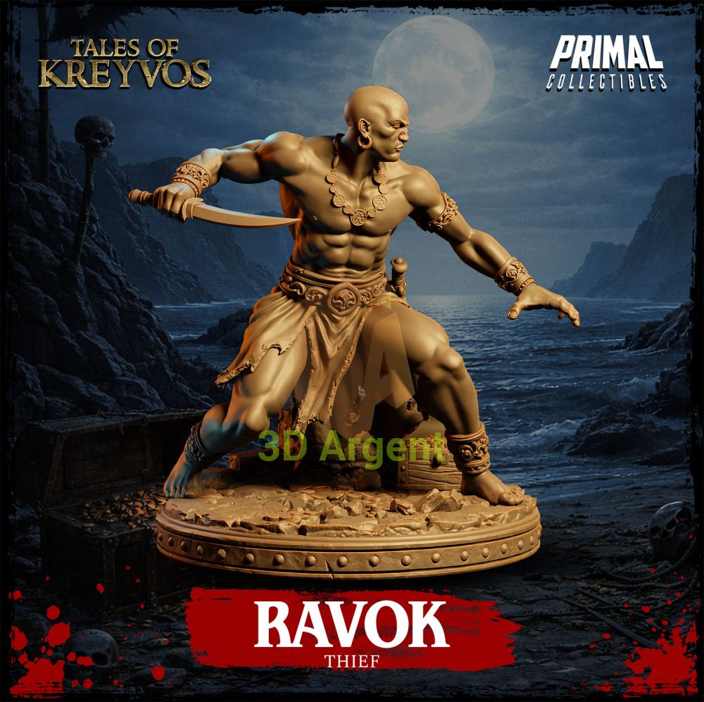 Ravok the Thief resin miniature — three-quarter view showing base detail with skull and rubble