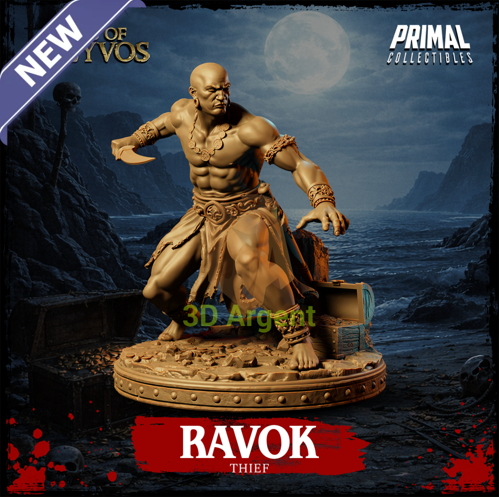 Ravok the Thief resin miniature — front view, crouched with dagger drawn beside a treasure chest