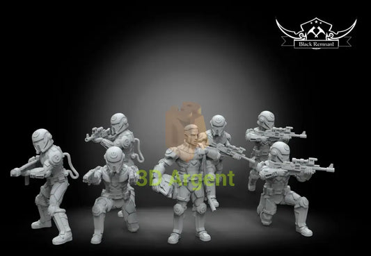 Rebel SpecForce Marines Black Remnant resin miniature squad, five helmeted troopers and one unhelmeted commander