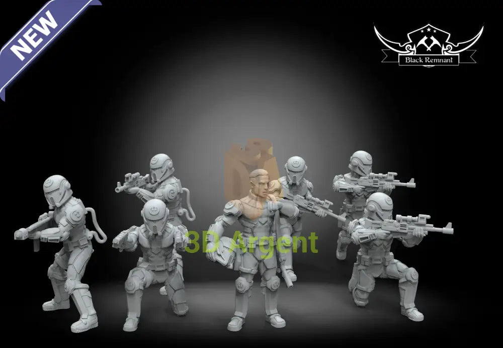 Rebel SpecForce Marines Black Remnant resin miniature squad, five helmeted troopers and one unhelmeted commander