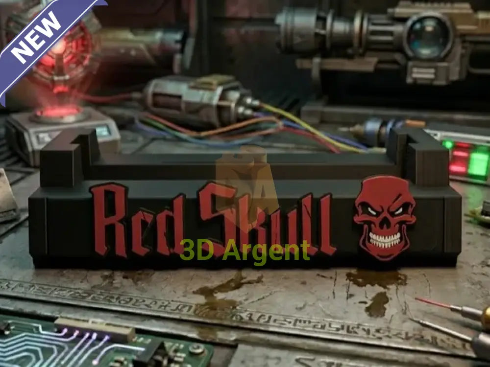 Red Skull comic display stand, black base with red script Red Skull wordmark and a sculpted red skull emblem