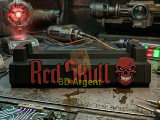 Red Skull comic display stand, black base with red script Red Skull wordmark and a sculpted red skull emblem