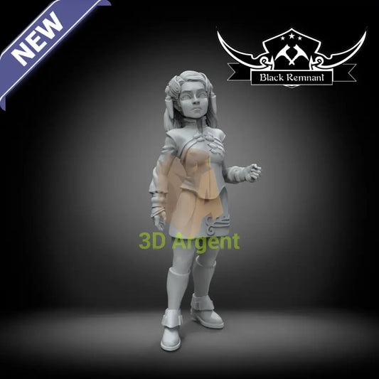 Unpainted grey resin preview render of the Black Remnant Riyo Chuchi miniature in a standing conversational pose