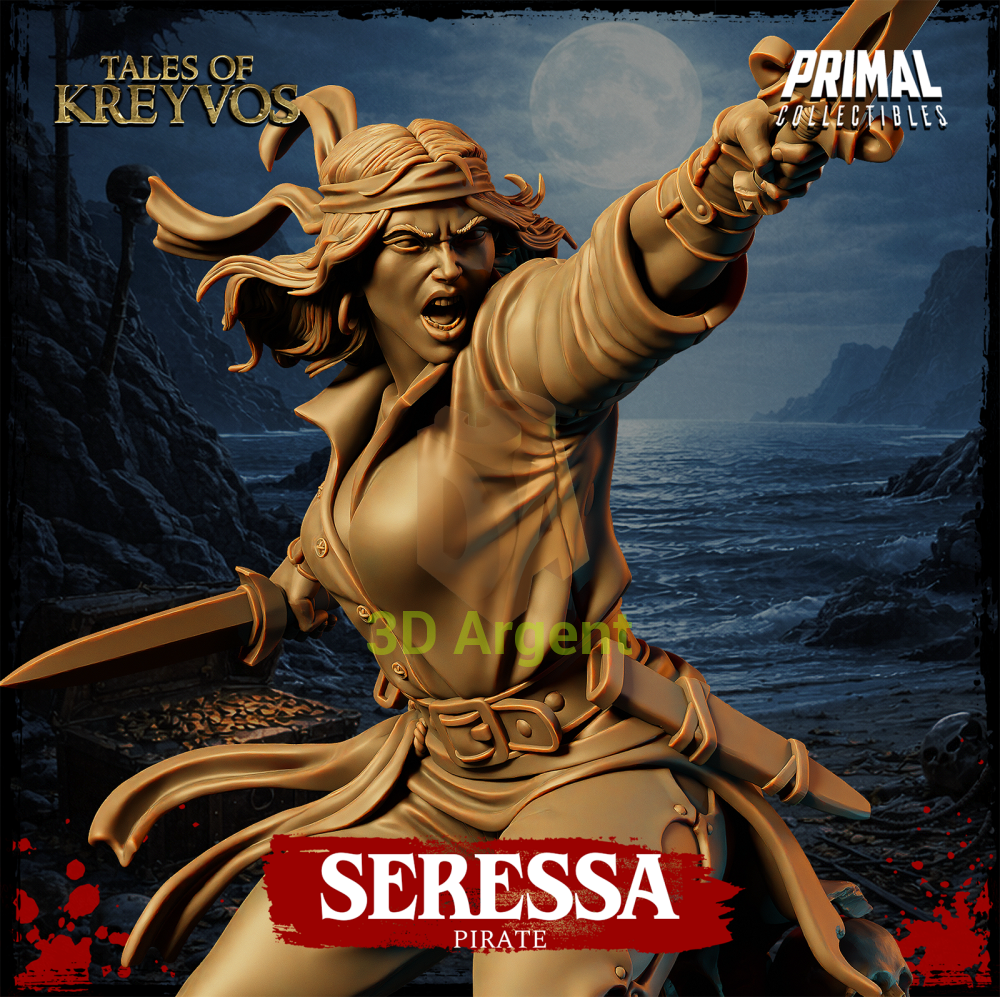 Seressa the Pirate resin miniature — close-up hero shot showing headscarf and cutlass grip