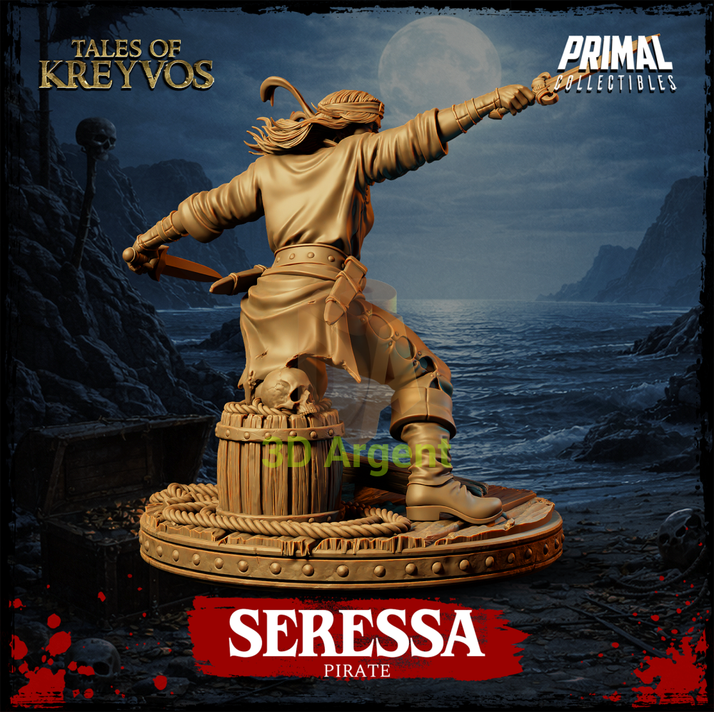 Seressa the Pirate resin miniature — rear view showing sheathed sword and base plinth