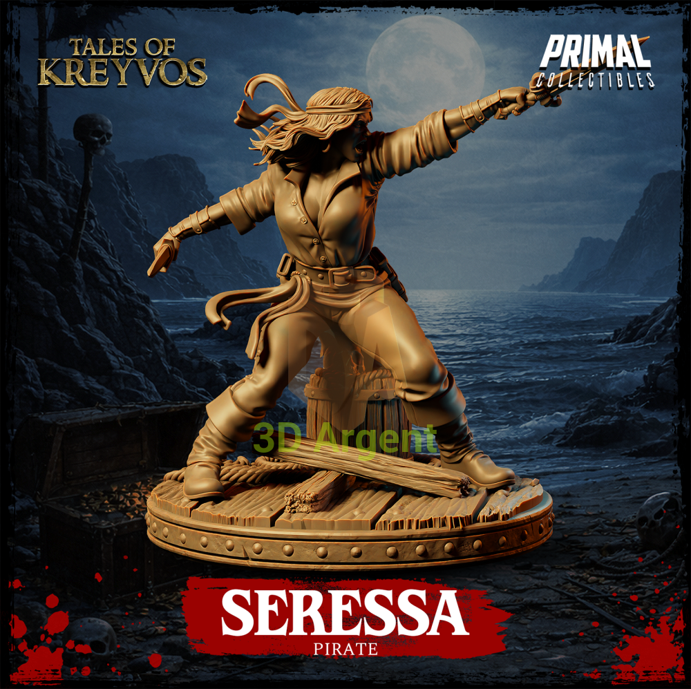 Seressa the Pirate resin miniature — three-quarter view showing coat and belt detail