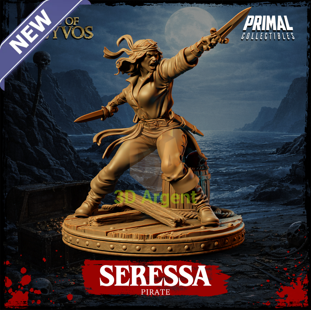 Seressa the Pirate resin miniature — front view, dual-wielding cutlass and dagger on a wooden dock base