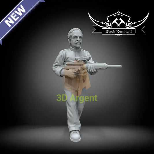 Shepherd Book, an unpainted Black Remnant resin miniature render of an older human figure holding a rifle