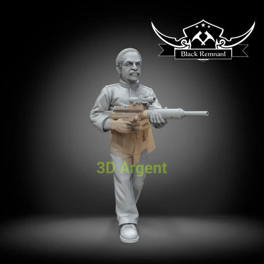 Shepherd Book, an unpainted Black Remnant resin miniature render of an older human figure holding a rifle