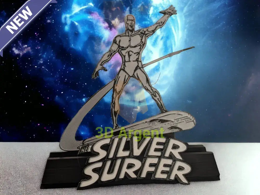 Silver Surfer comic display stand with detailed Silver Surfer figure and THE SILVER SURFER wordmark base