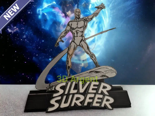 Silver Surfer comic display stand with detailed Silver Surfer figure and THE SILVER SURFER wordmark base
