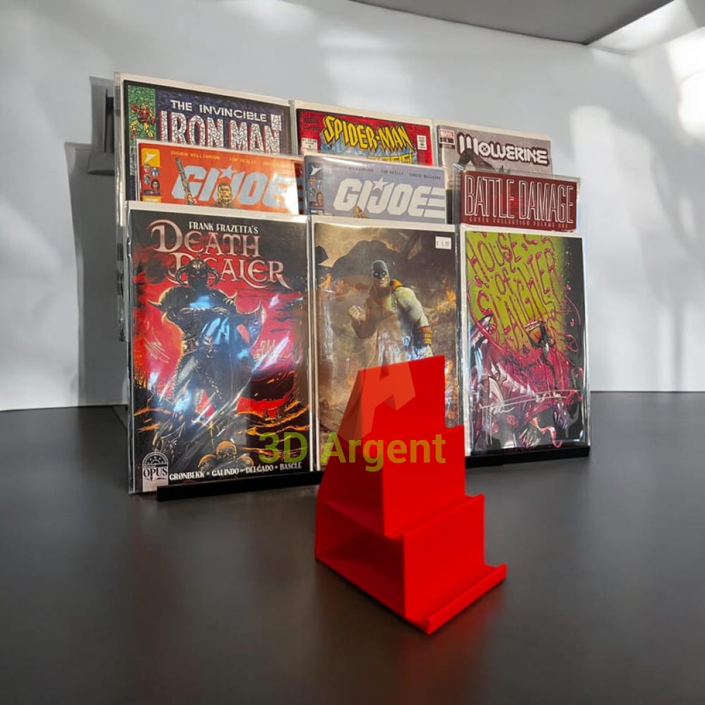 Stadium Stand – 3-tier display stand with red comic books on shelf