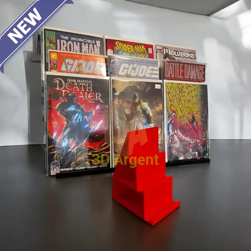 Stadium Stand – 3-tier display stand with red comic books on shelf