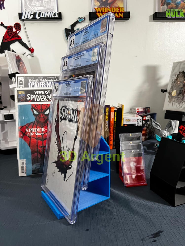Stadium Stand – blue stand holding graded comic slabs